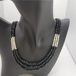 NEW Three-Strand Onyx Bead and Freshwater Pearl Necklace